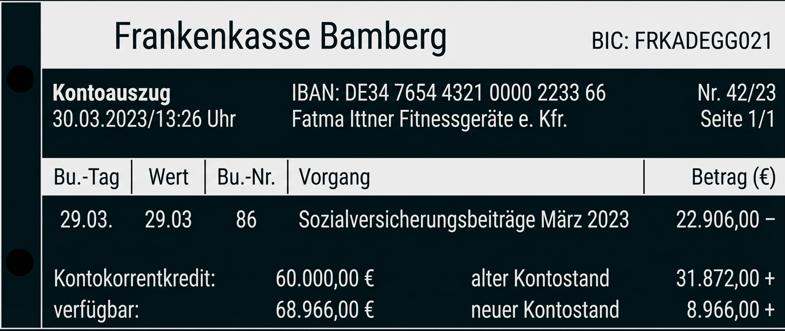 Kontoauszug der Frankenkasse Bamberg mit Datum, Buchung "Sozialversicherungsbeiträge" und Kontostand